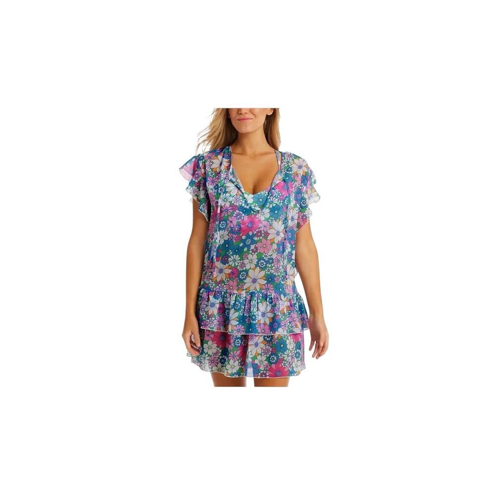 Jessica Simpson‎ Crazy Daisy Tiered Flutter-Sleeve Swim Cover-Up Size L